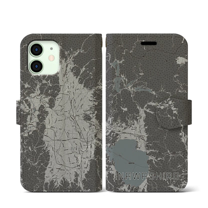 【猪苗代（福島県）】地図柄iPhoneケース（手帳タイプ）モノトーン・iPhone 12 mini 用