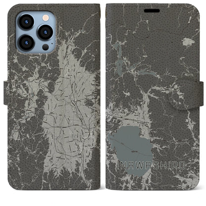 【猪苗代（福島県）】地図柄iPhoneケース（手帳タイプ）モノトーン・iPhone 13 Pro Max 用