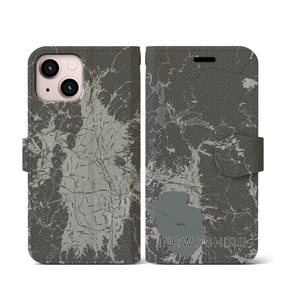 【猪苗代（福島県）】地図柄iPhoneケース（手帳タイプ）モノトーン・iPhone 13 mini 用