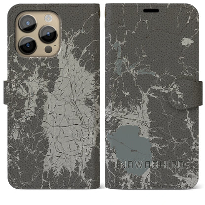 【猪苗代（福島県）】地図柄iPhoneケース（手帳タイプ）モノトーン・iPhone 14 Pro Max 用