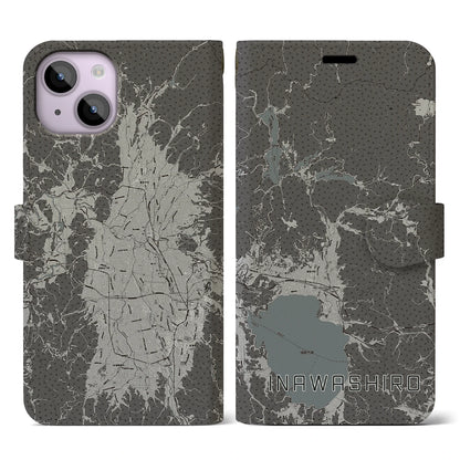 【猪苗代（福島県）】地図柄iPhoneケース（手帳タイプ）モノトーン・iPhone 14 用