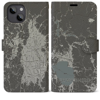 【猪苗代（福島県）】地図柄iPhoneケース（手帳タイプ）モノトーン・iPhone 14 Plus 用