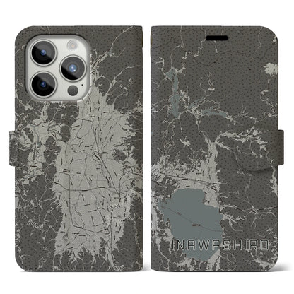 【猪苗代（福島県）】地図柄iPhoneケース（手帳タイプ）モノトーン・iPhone 15 Pro 用