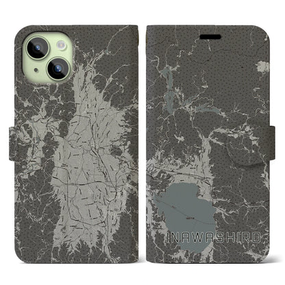 【猪苗代（福島県）】地図柄iPhoneケース（手帳タイプ）モノトーン・iPhone 15 用