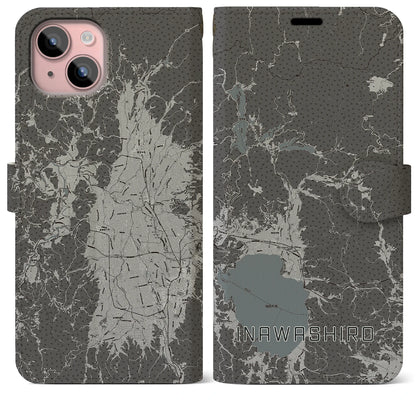 【猪苗代（福島県）】地図柄iPhoneケース（手帳タイプ）モノトーン・iPhone 15 Plus 用