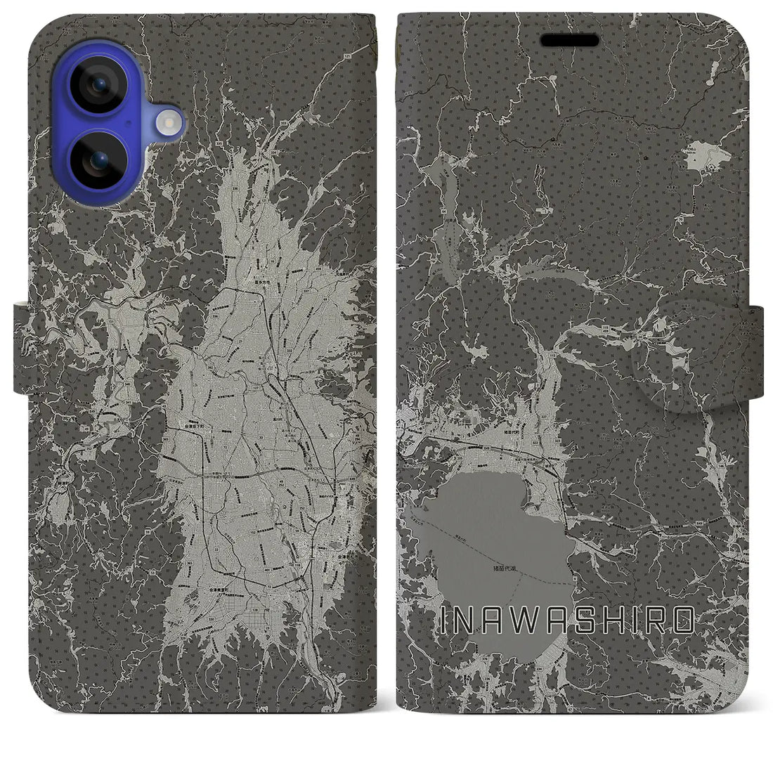【猪苗代(福島県)】地図柄iPhoneケース(手帳タイプ)モノトーン・iPhone 16 Pro Max 用