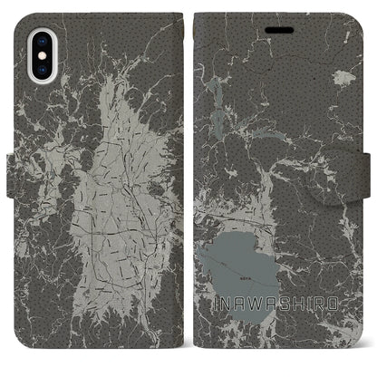 【猪苗代（福島県）】地図柄iPhoneケース（手帳タイプ）モノトーン・iPhone XS Max 用