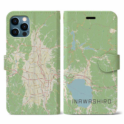 【猪苗代（福島県）】地図柄iPhoneケース（手帳タイプ）ナチュラル・iPhone 12 / 12 Pro 用