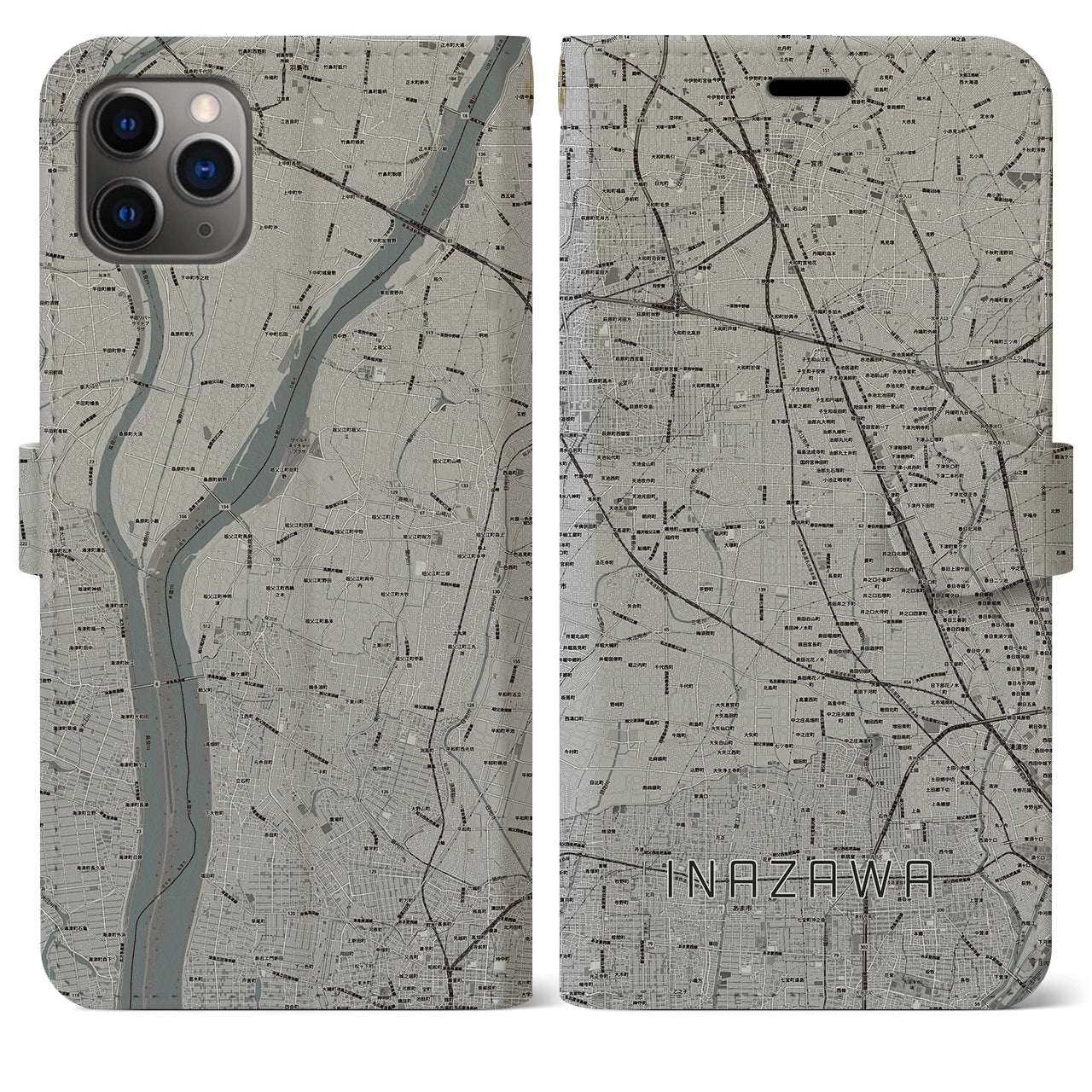 【稲沢】地図柄iPhoneケース（手帳両面タイプ・モノトーン）iPhone 11 Pro Max 用