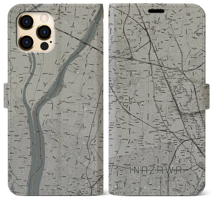 【稲沢（愛知県）】地図柄iPhoneケース（手帳タイプ）モノトーン・iPhone 12 Pro Max 用