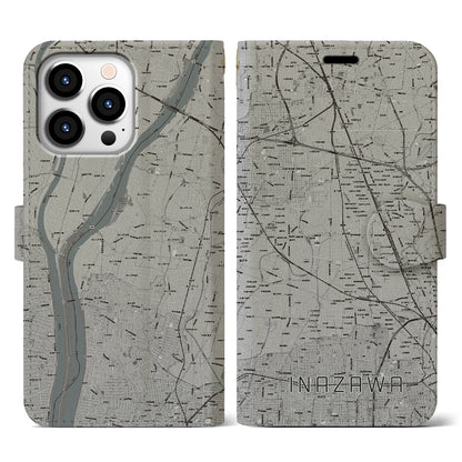 【稲沢（愛知県）】地図柄iPhoneケース（手帳タイプ）モノトーン・iPhone 13 Pro 用