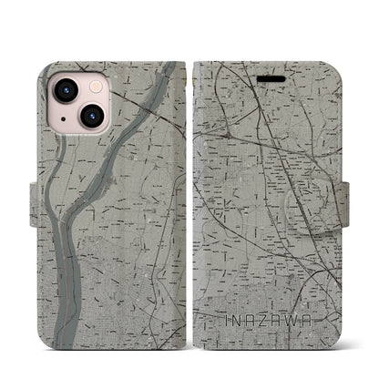 【稲沢（愛知県）】地図柄iPhoneケース（手帳タイプ）モノトーン・iPhone 13 mini 用
