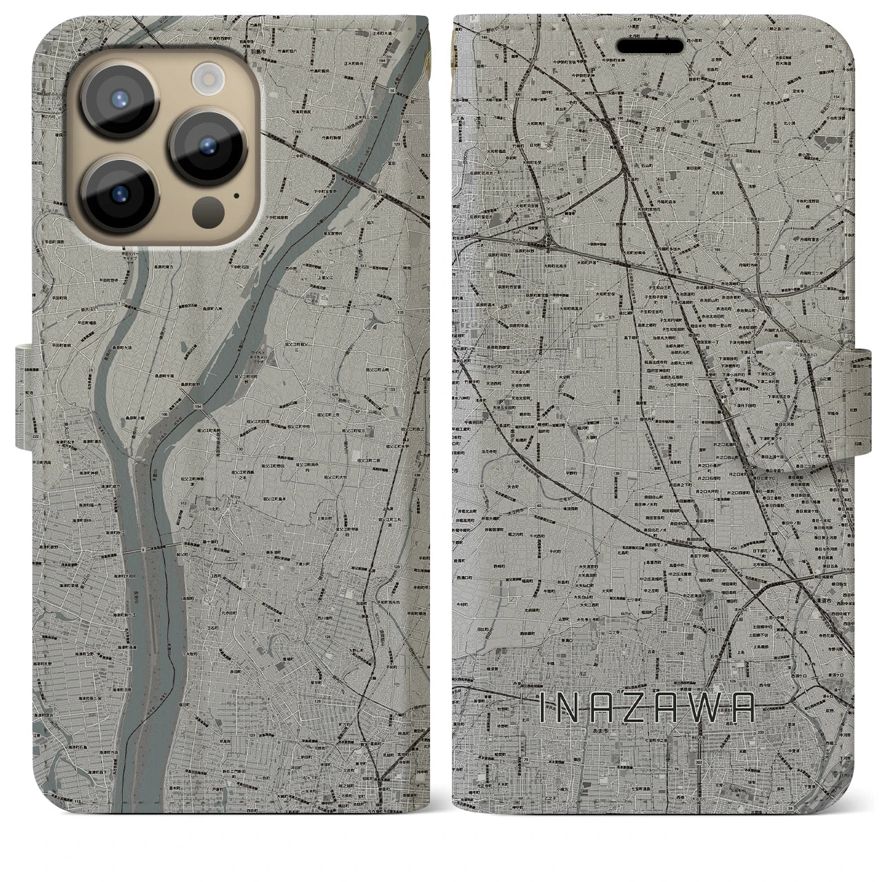 【稲沢】地図柄iPhoneケース（手帳両面タイプ・モノトーン）iPhone 14 Pro Max 用