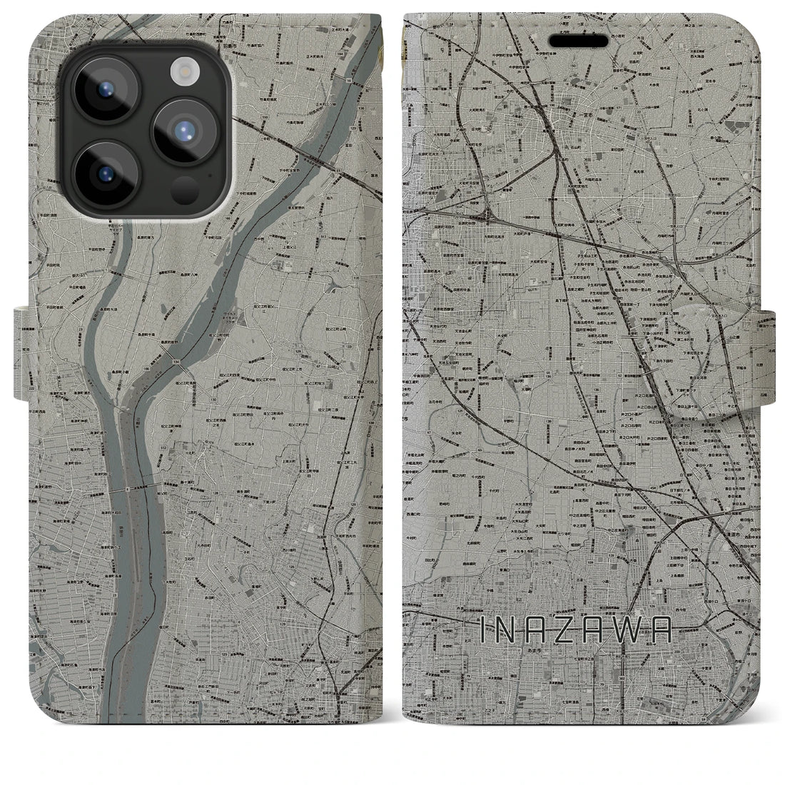 【稲沢】地図柄iPhoneケース（手帳両面タイプ・モノトーン）iPhone 15 Pro Max 用
