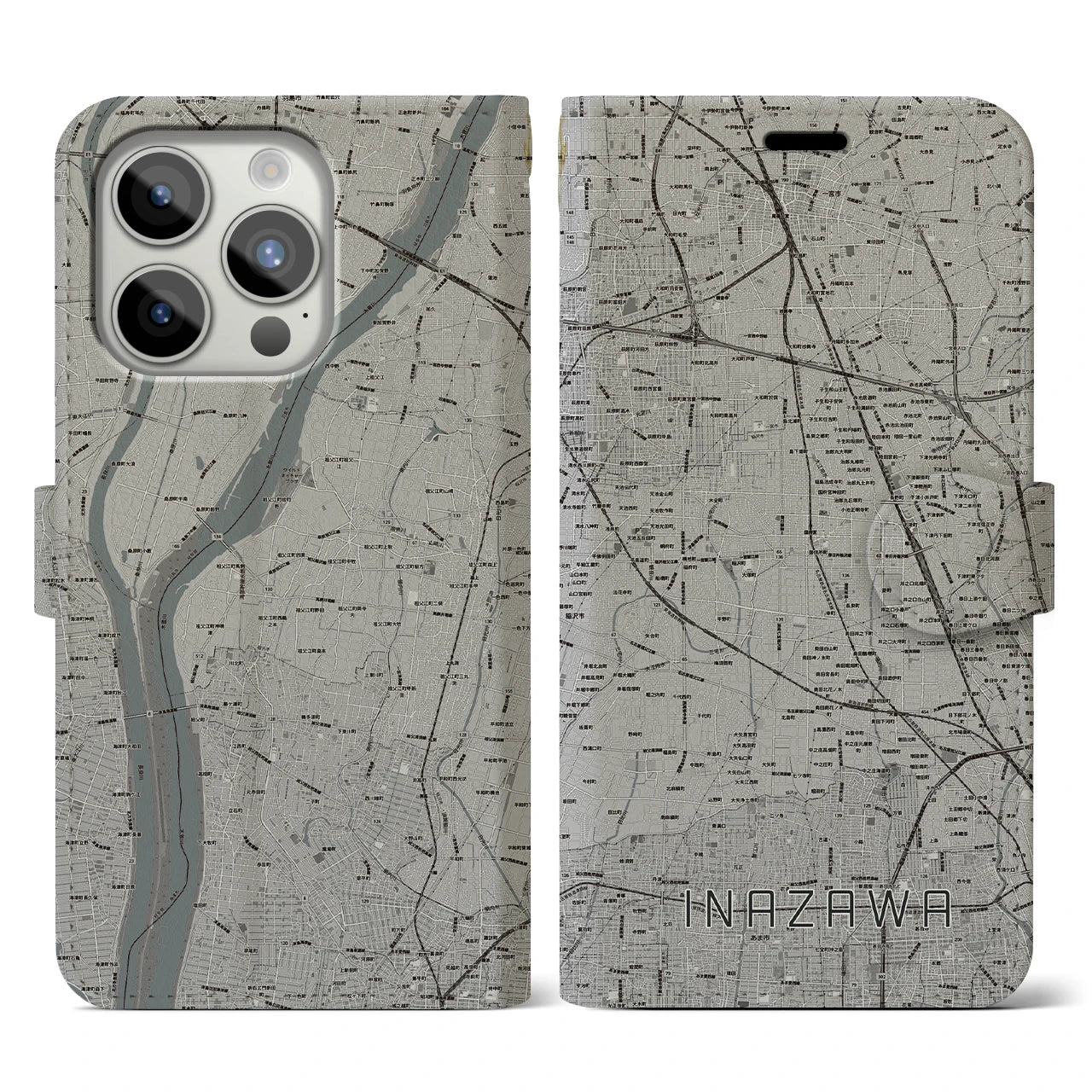 【稲沢】地図柄iPhoneケース（手帳両面タイプ・モノトーン）iPhone 15 Pro 用