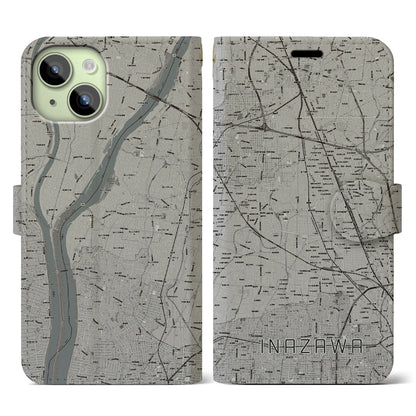 【稲沢（愛知県）】地図柄iPhoneケース（手帳タイプ）モノトーン・iPhone 15 用