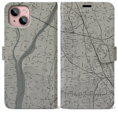 【稲沢（愛知県）】地図柄iPhoneケース（手帳タイプ）モノトーン・iPhone 15 Plus 用