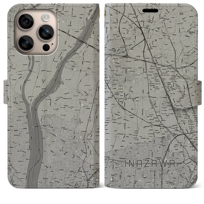 【稲沢（愛知県）】地図柄iPhoneケース（手帳タイプ）モノトーン・iPhone 16 Plus 用