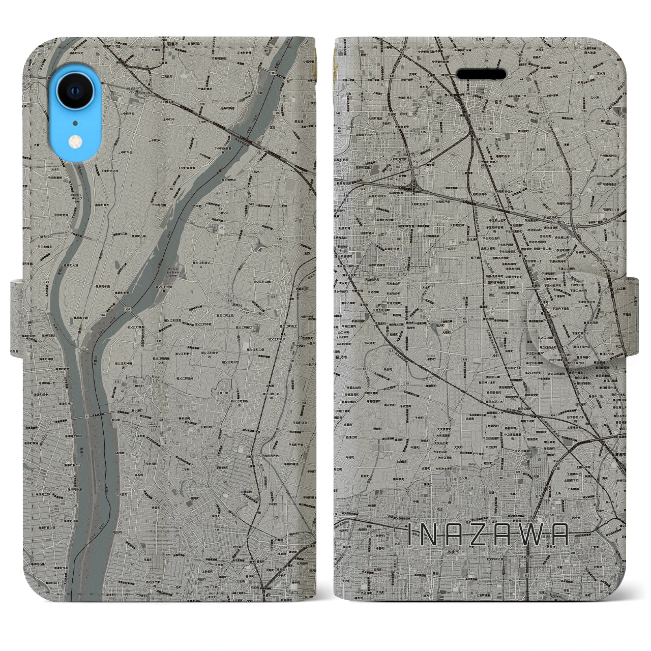 【稲沢】地図柄iPhoneケース（手帳両面タイプ・モノトーン）iPhone XR 用