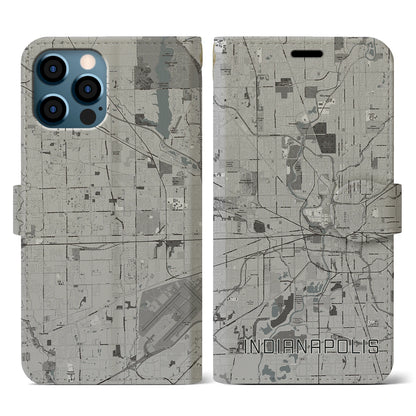 【インディアナポリス（アメリカ）】地図柄iPhoneケース（手帳タイプ）モノトーン・iPhone 12 / 12 Pro 用
