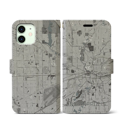 【インディアナポリス（アメリカ）】地図柄iPhoneケース（手帳タイプ）モノトーン・iPhone 12 mini 用