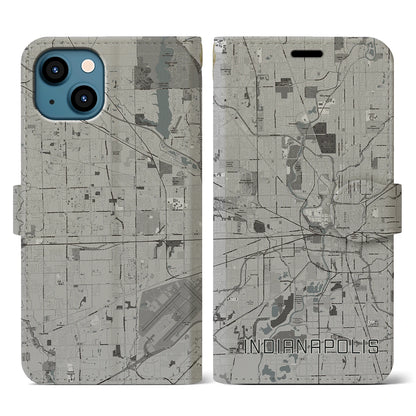 【インディアナポリス（アメリカ）】地図柄iPhoneケース（手帳タイプ）モノトーン・iPhone 13 用