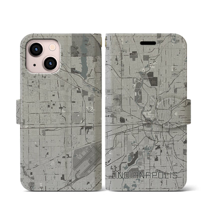 【インディアナポリス（アメリカ）】地図柄iPhoneケース（手帳タイプ）モノトーン・iPhone 13 mini 用