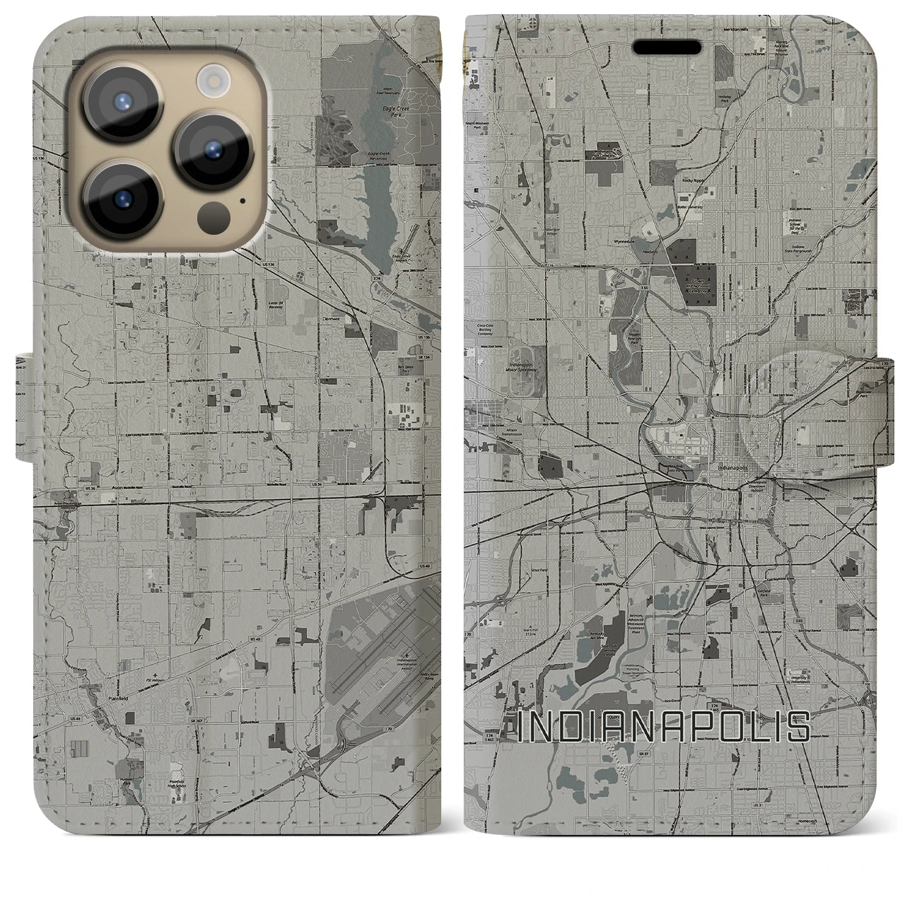 【インディアナポリス】地図柄iPhoneケース（手帳両面タイプ・モノトーン）iPhone 14 Pro Max 用
