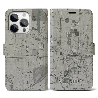【インディアナポリス（アメリカ）】地図柄iPhoneケース（手帳タイプ）モノトーン・iPhone 14 Pro 用