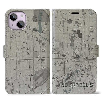 【インディアナポリス（アメリカ）】地図柄iPhoneケース（手帳タイプ）モノトーン・iPhone 14 用