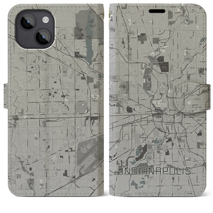 【インディアナポリス（アメリカ）】地図柄iPhoneケース（手帳タイプ）モノトーン・iPhone 14 Plus 用