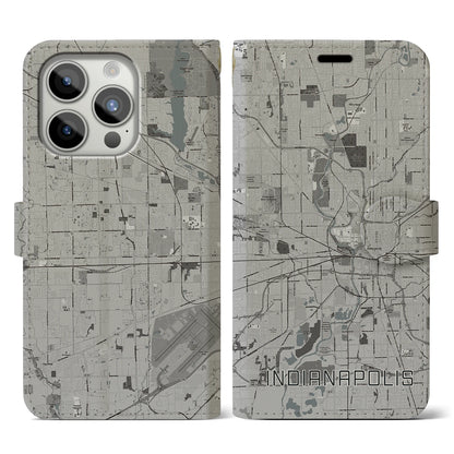 【インディアナポリス（アメリカ）】地図柄iPhoneケース（手帳タイプ）モノトーン・iPhone 15 Pro 用