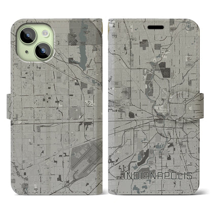 【インディアナポリス（アメリカ）】地図柄iPhoneケース（手帳タイプ）モノトーン・iPhone 15 用