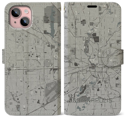 【インディアナポリス（アメリカ）】地図柄iPhoneケース（手帳タイプ）モノトーン・iPhone 15 Plus 用