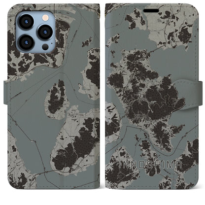 【因島（広島県）】地図柄iPhoneケース（手帳タイプ）モノトーン・iPhone 13 Pro Max 用