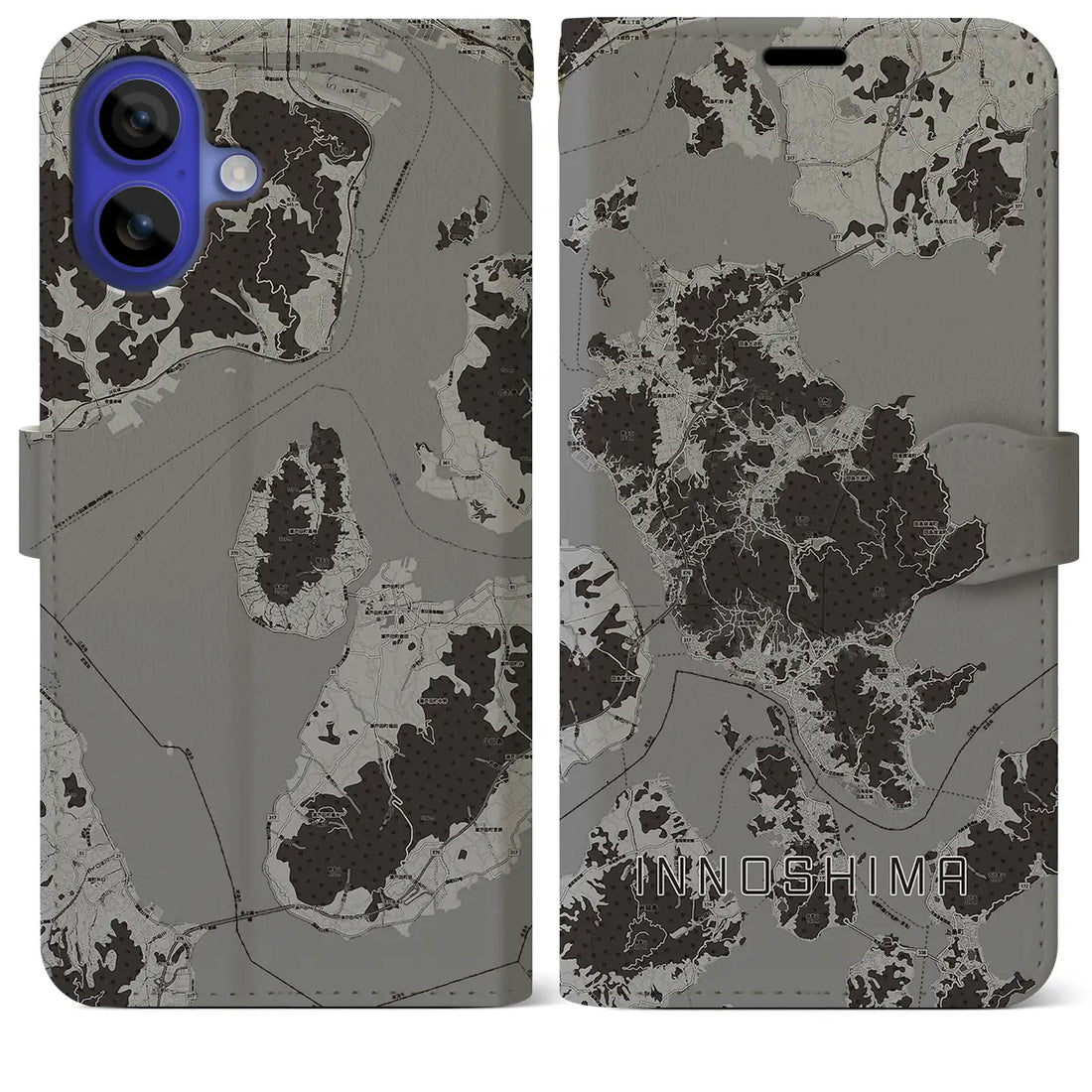 【因島(広島県)】地図柄iPhoneケース(手帳タイプ)モノトーン・iPhone 16 Pro Max 用