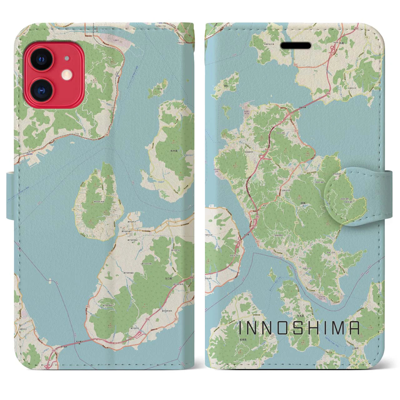 【因島（広島県）】地図柄iPhoneケース（手帳タイプ）ナチュラル・iPhone 11 用