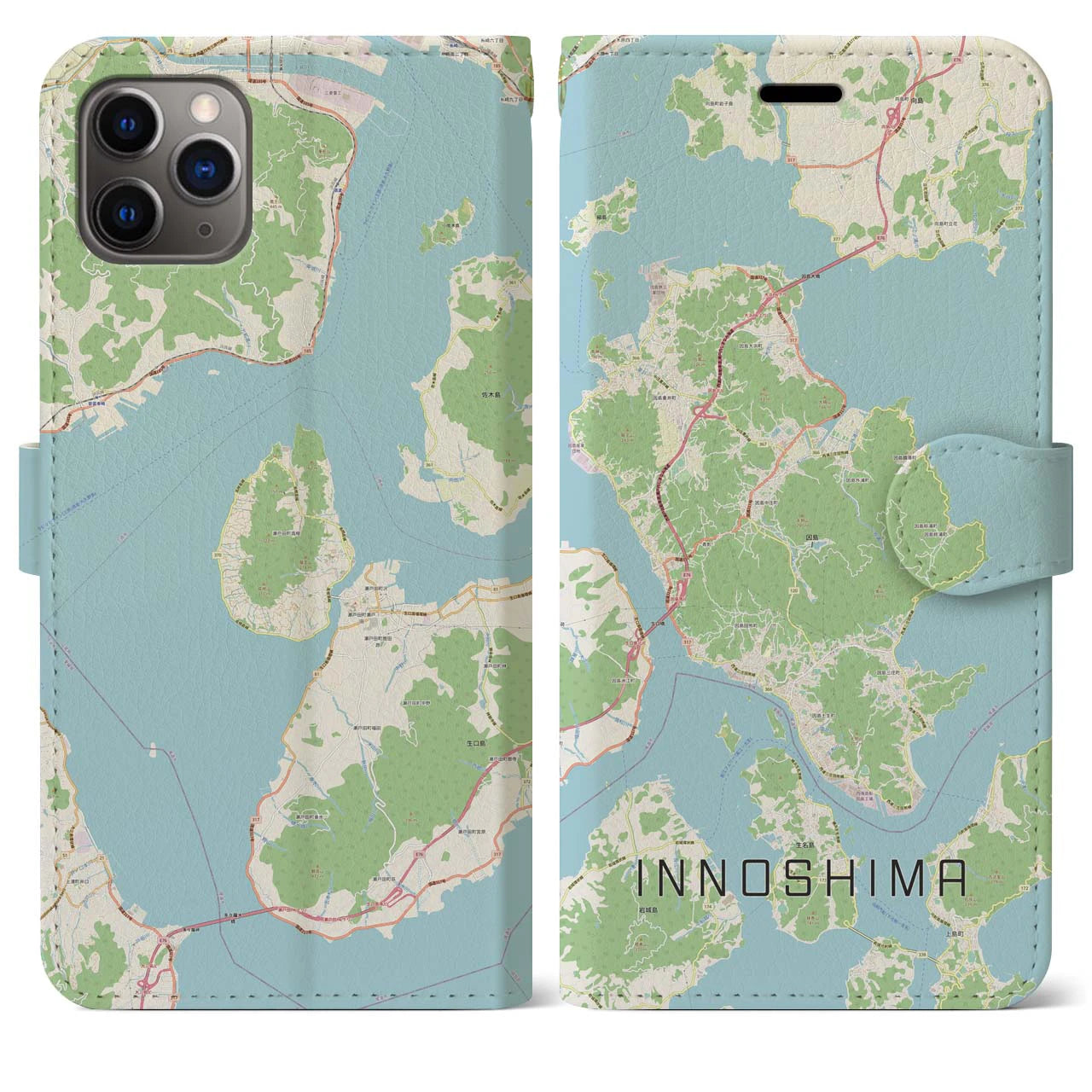 【因島（広島県）】地図柄iPhoneケース（手帳タイプ）ナチュラル・iPhone 11 Pro Max 用