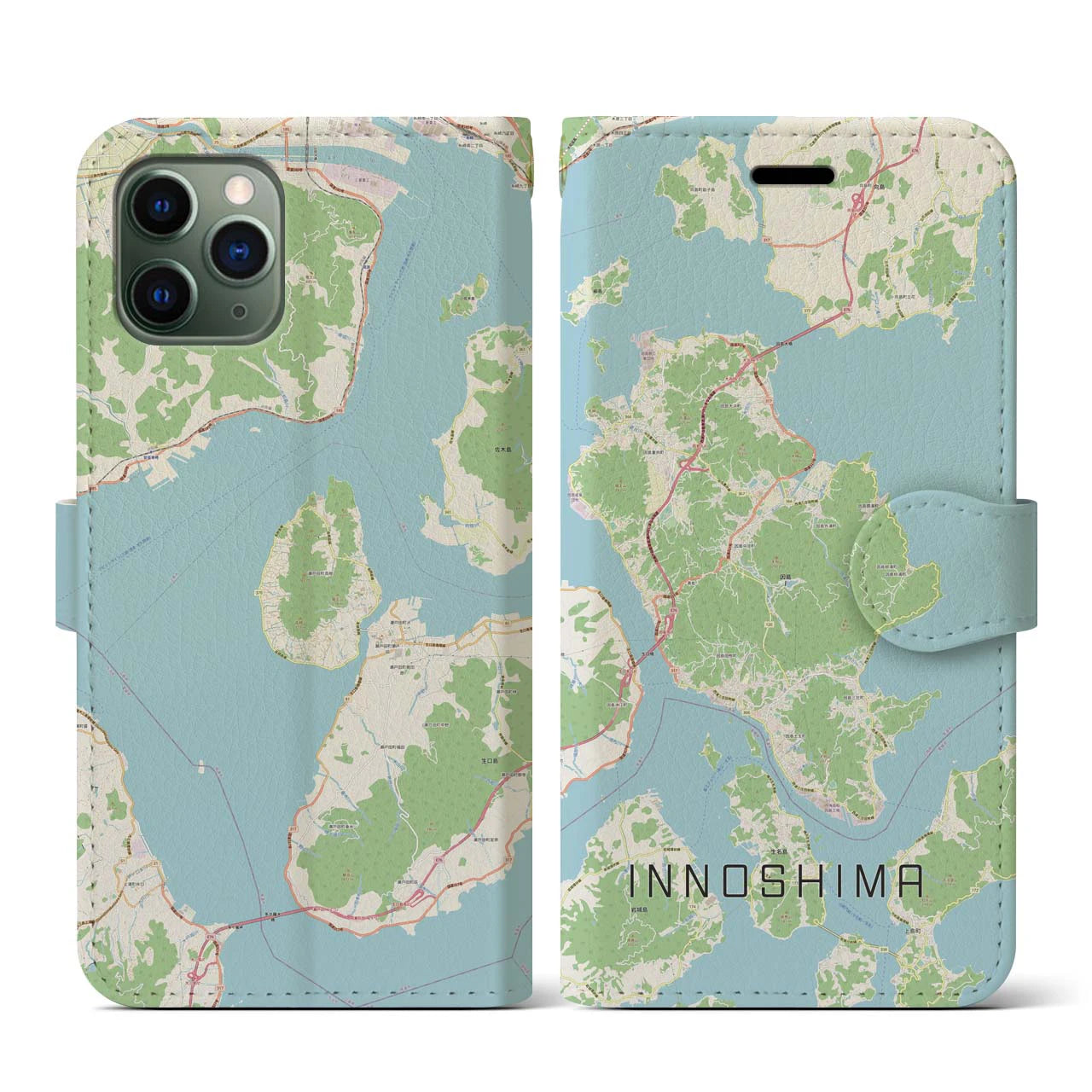 【因島（広島県）】地図柄iPhoneケース（手帳タイプ）ナチュラル・iPhone 11 Pro 用