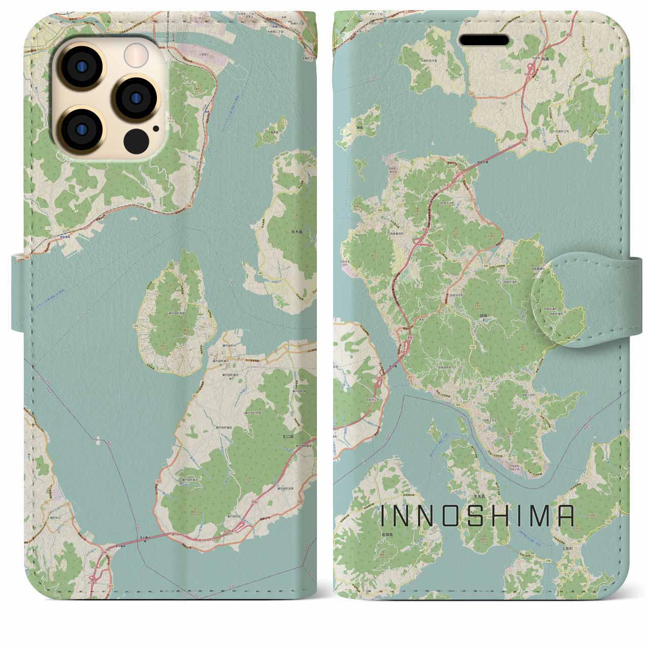 【因島（広島県）】地図柄iPhoneケース（手帳タイプ）ナチュラル・iPhone 12 Pro Max 用