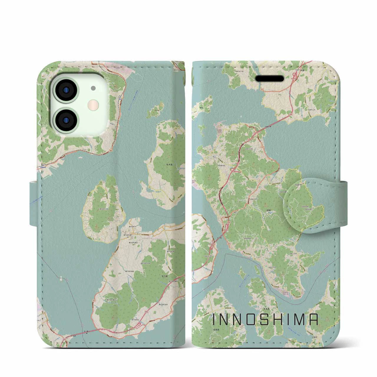 【因島（広島県）】地図柄iPhoneケース（手帳タイプ）ナチュラル・iPhone 12 mini 用