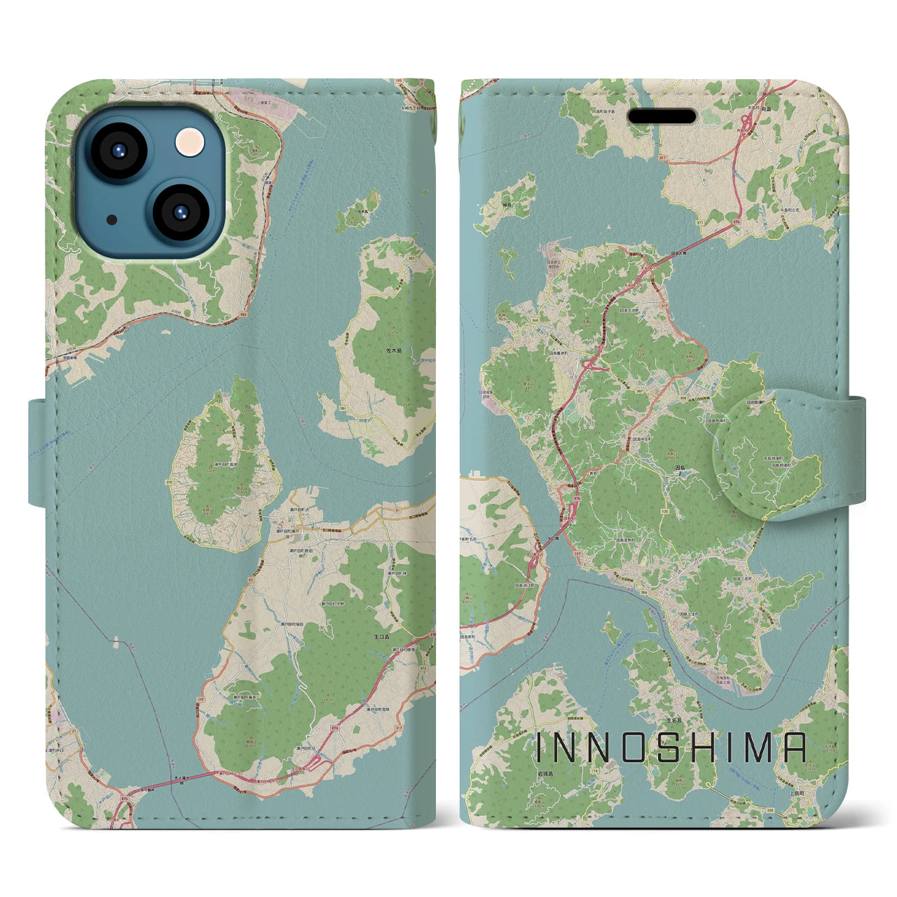 【因島（広島県）】地図柄iPhoneケース（手帳タイプ）ナチュラル・iPhone 13 用