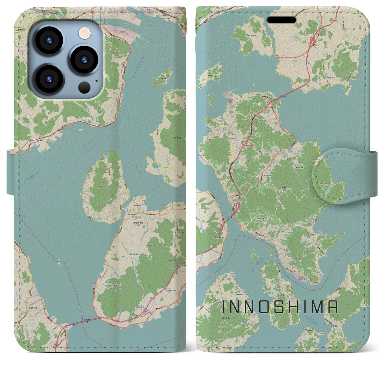 【因島（広島県）】地図柄iPhoneケース（手帳タイプ）ナチュラル・iPhone 13 Pro Max 用