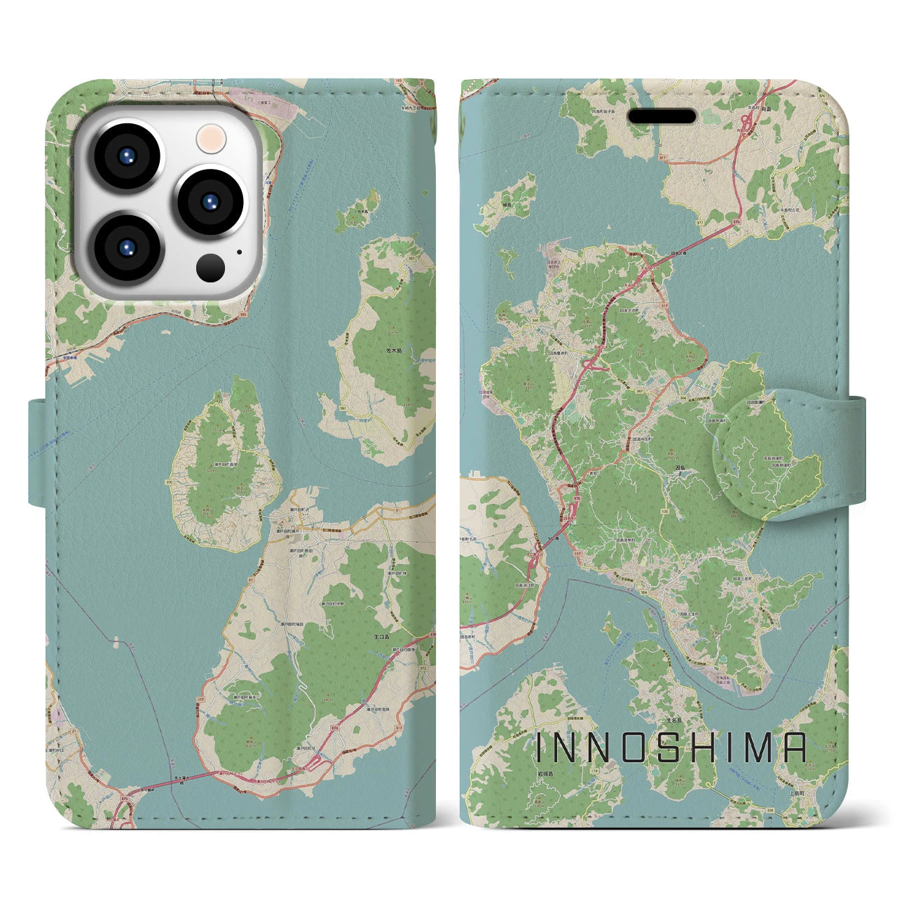 【因島（広島県）】地図柄iPhoneケース（手帳タイプ）ナチュラル・iPhone 13 Pro 用