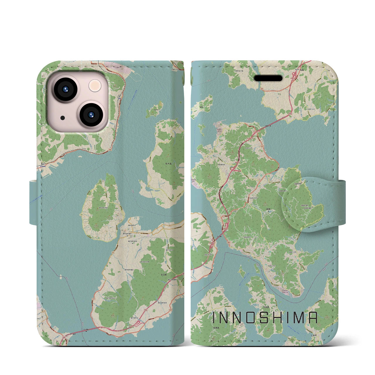 【因島（広島県）】地図柄iPhoneケース（手帳タイプ）ナチュラル・iPhone 13 mini 用