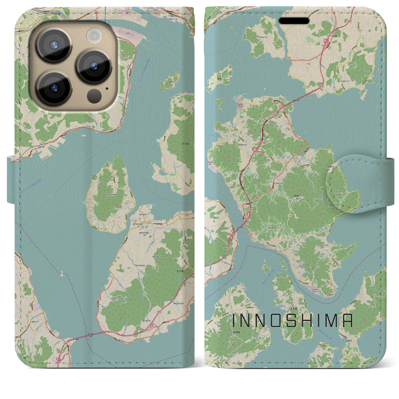 【因島（広島県）】地図柄iPhoneケース（手帳タイプ）ナチュラル・iPhone 14 Pro Max 用