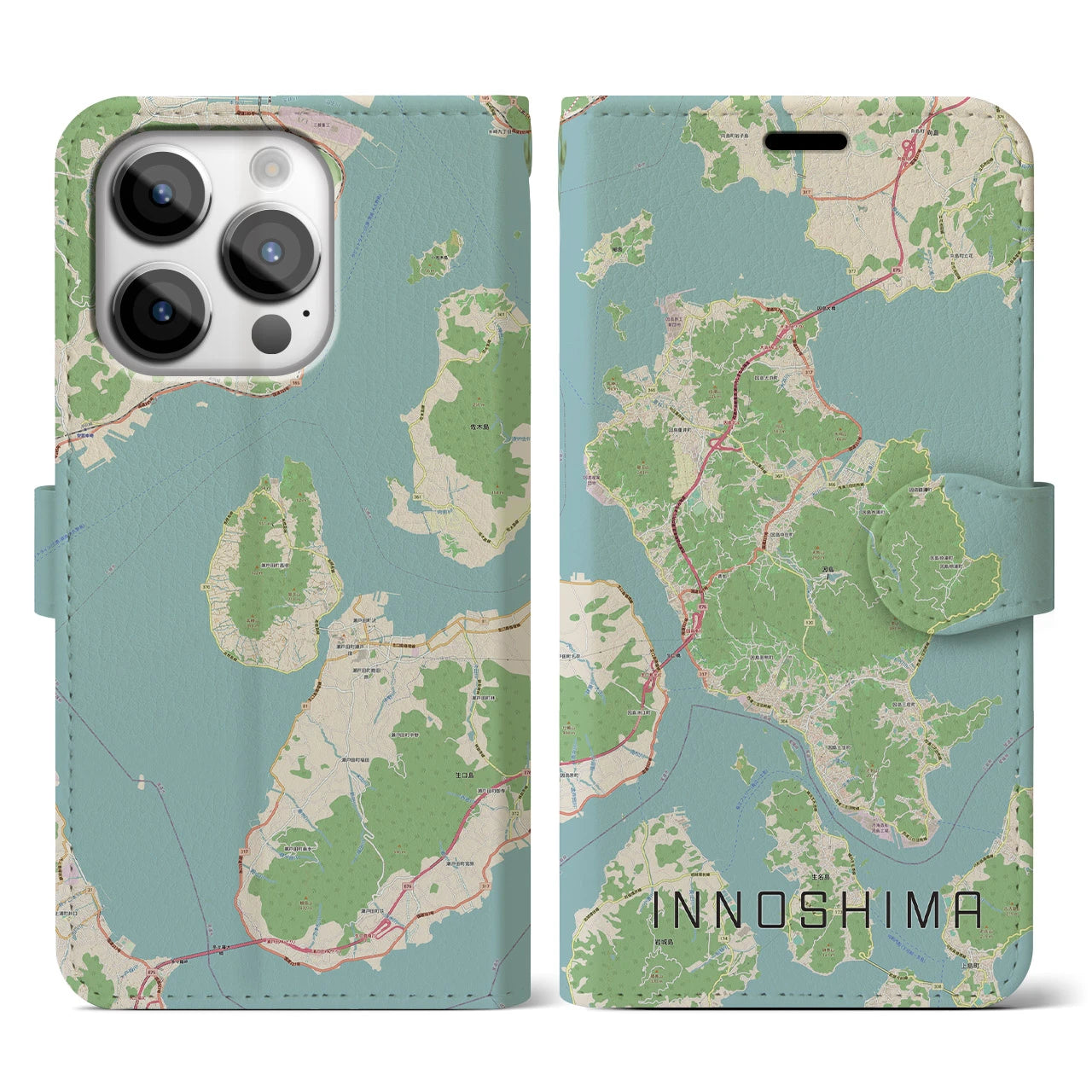 【因島（広島県）】地図柄iPhoneケース（手帳タイプ）ナチュラル・iPhone 14 Pro 用