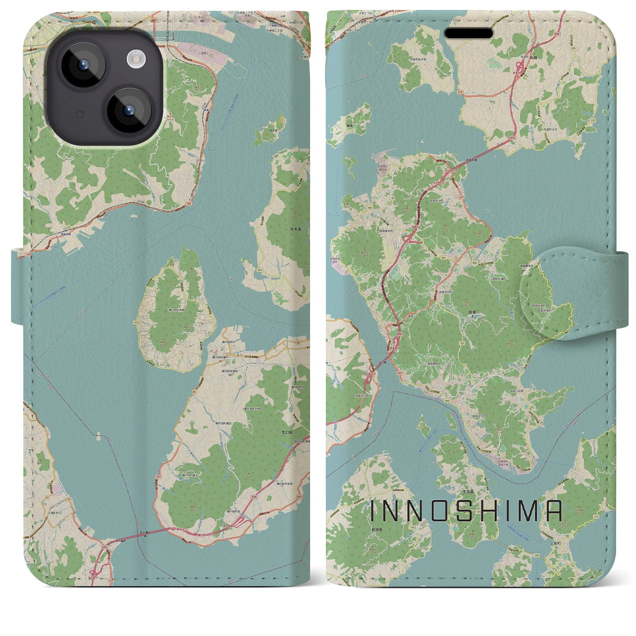 【因島（広島県）】地図柄iPhoneケース（手帳タイプ）ナチュラル・iPhone 14 Plus 用