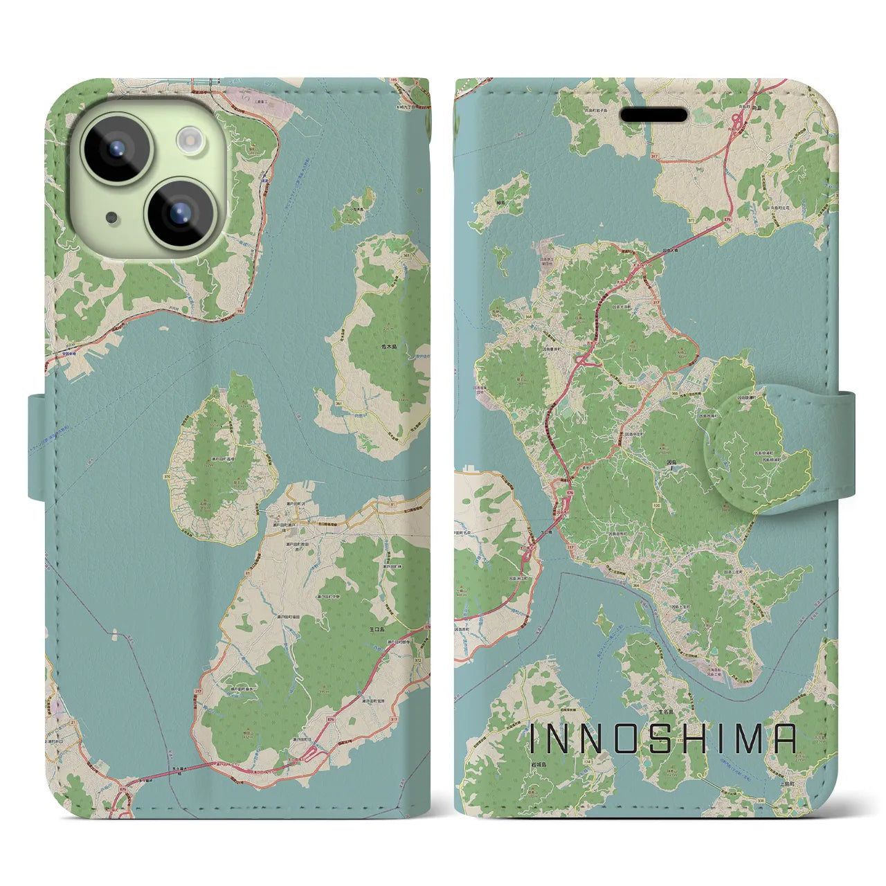 【因島（広島県）】地図柄iPhoneケース（手帳タイプ）ナチュラル・iPhone 15 用