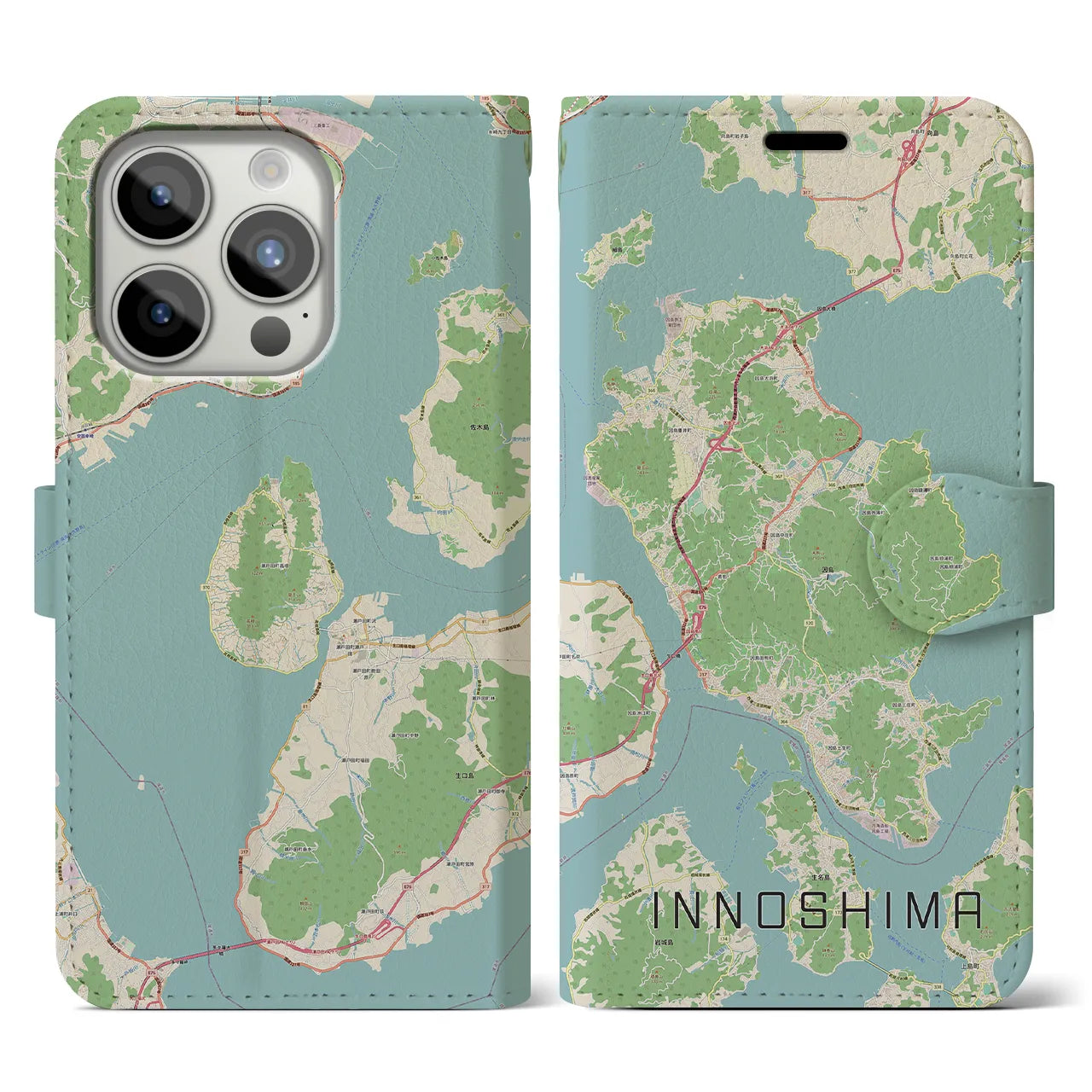 【因島（広島県）】地図柄iPhoneケース（手帳タイプ）ナチュラル・iPhone 15 Pro 用